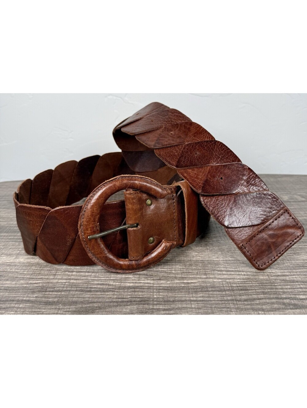 Chico’s Genuine Leather Brown Braided Woven Wide Belt Size L Boho Western